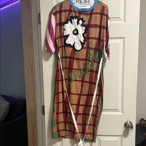 Brown Plaid Dress with Floral Design